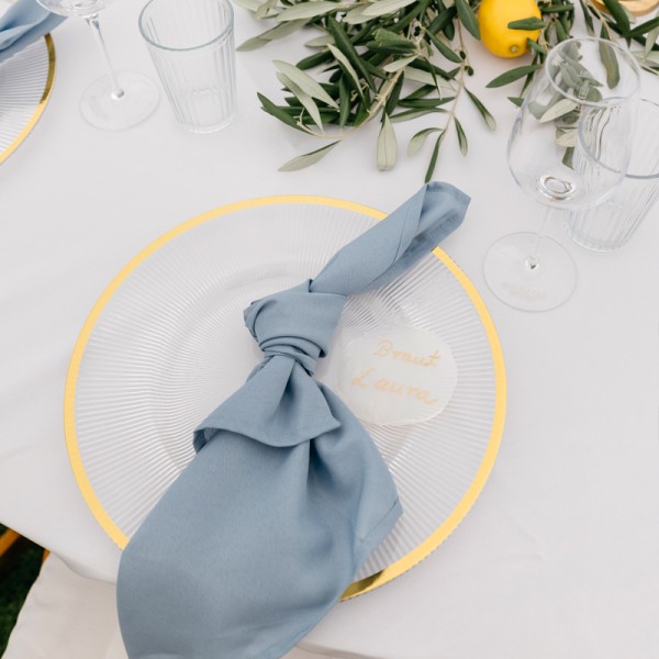 Serviette Polyester dusty blue staub blau mieten | Verleih Hochzeit Event