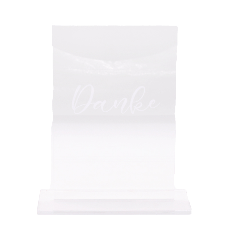 Schild/ Aufsteller Danke Acryl eckig klar Schrift weiss mieten für Geschenketisch Hochzeit_2