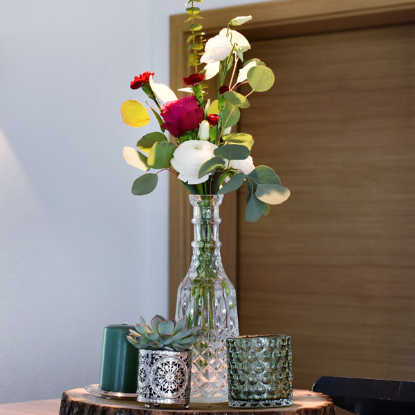 Flaschenvase Kristall hoch Glas klar mieten Hochzeit Dekoration_2
