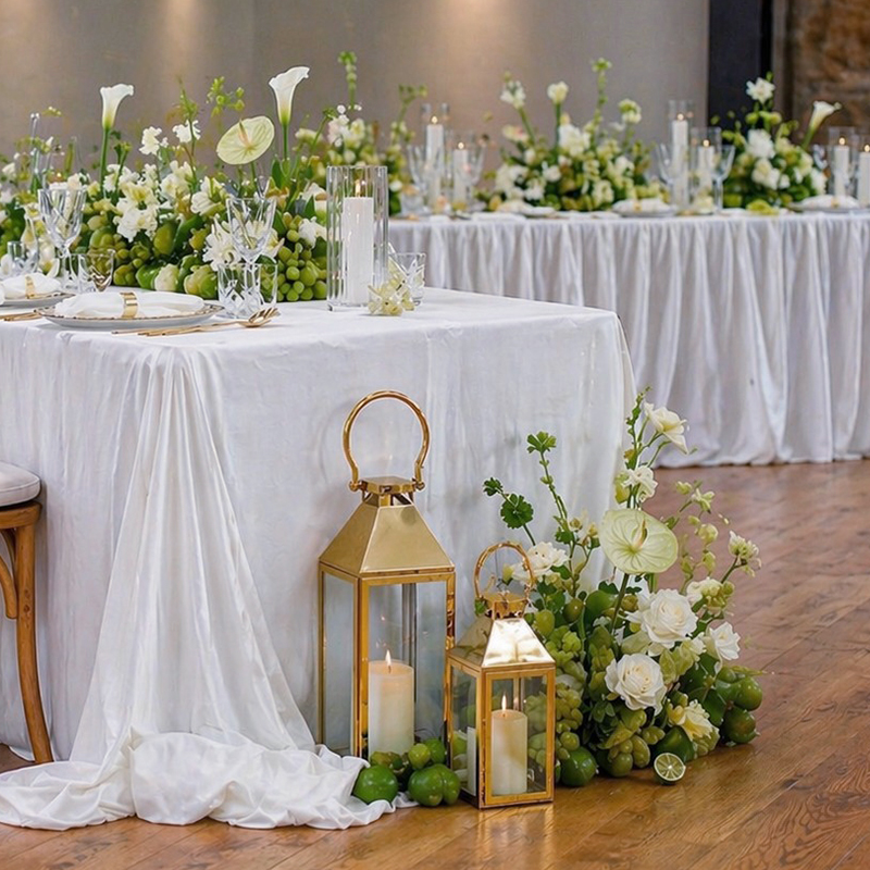 Laternen_gold_Tischdecken_satin_mieten_Hochzeit_Feier
