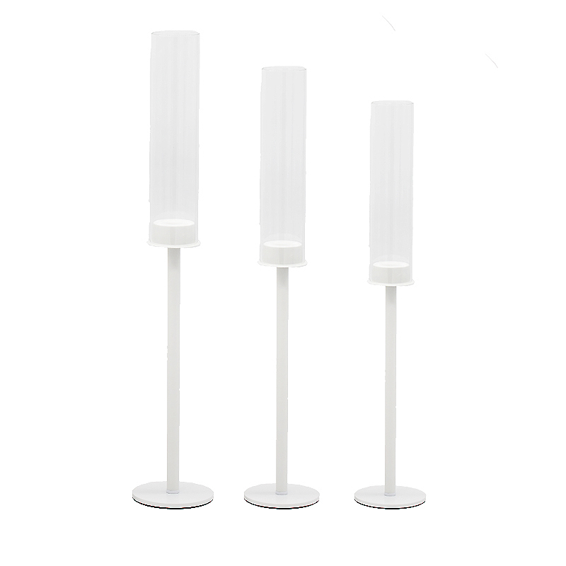 Kerzenständer | Kerzenleuchter | Kerzenhalter Line 1-arm mit Glaszylinder Glasaufsatz weiss | mieten für Hochzeit, Geburtstag, Firmenfeier, Event