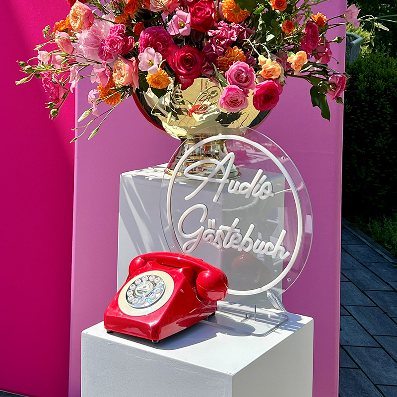 Neon Schild / LED Sign "Audio Gästebuch"  beleuchtet in warm weiss mieten für Hochzeit, Dekoration und Event.  _2