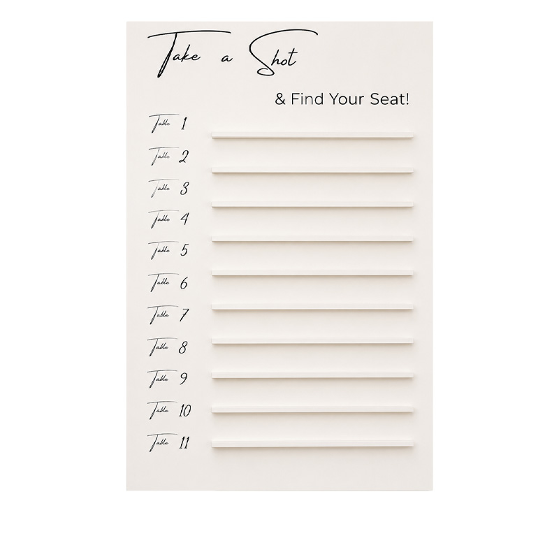 Sitzplan Tischplan Willkommensschild Take a shot and find your seat | Holz ivory, beige für Hochzeit und Veranstaltung [mieten]