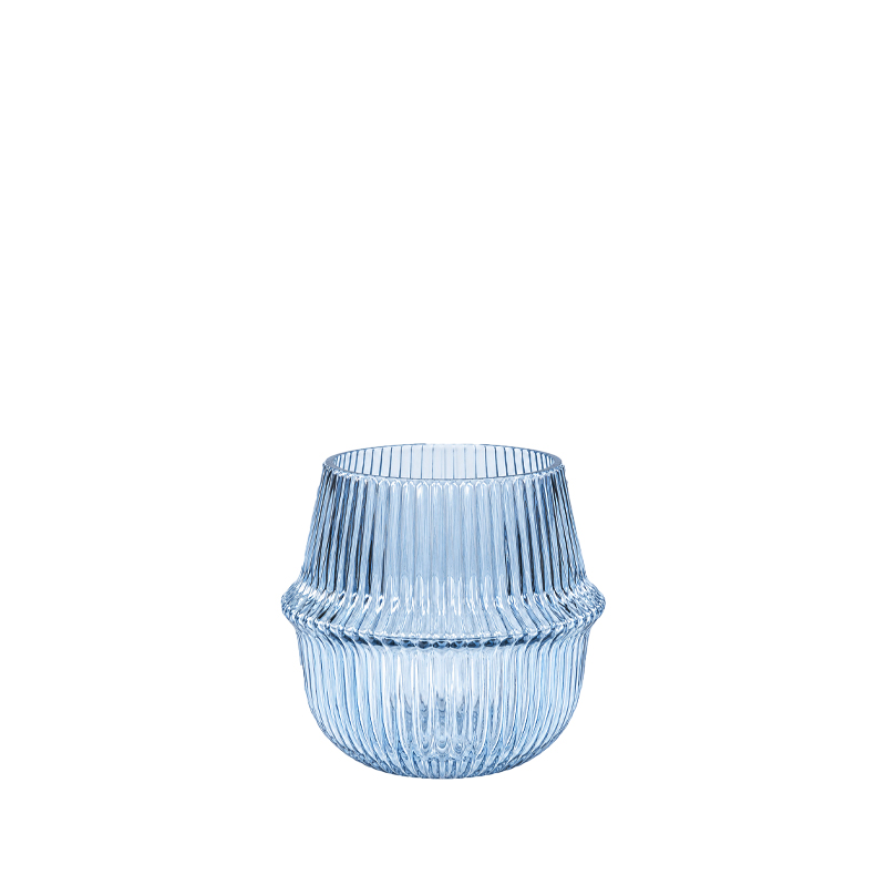 Vase Teelichthalter Rille dusty blue hellblau mit Ständer gold mieten Hochzeit Tischdeko