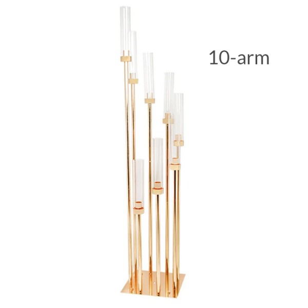 Kerzenständer gold Line 10-arm mit Glas | Kerzenhalter | Kerzenleuchter mieten für Hochzeit, Feier, Event