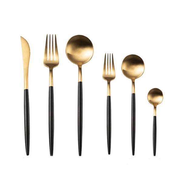 Besteck_Stiletto_modern_Gabel_Messer_Loeffel_Dessertgabel_Dessertloeffel_Kaffeeloeffel_gold_schwarz_Set_6-teilig_mieten_Verleih_Hochzeit_Firmenfeier_Geburtstag_1