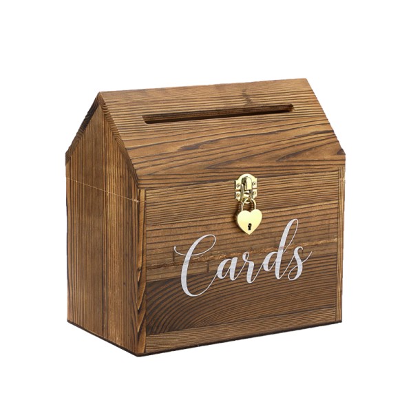Kartenbox für Umschläge aus Holz braun mit goldener Aufschrift Cards für Hochzeit mieten