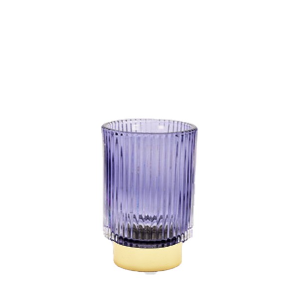 Vase Teelichthalter Rille, Glas flieder mit Goldfuß mieten für Hochzeit und Event Tischdekoration