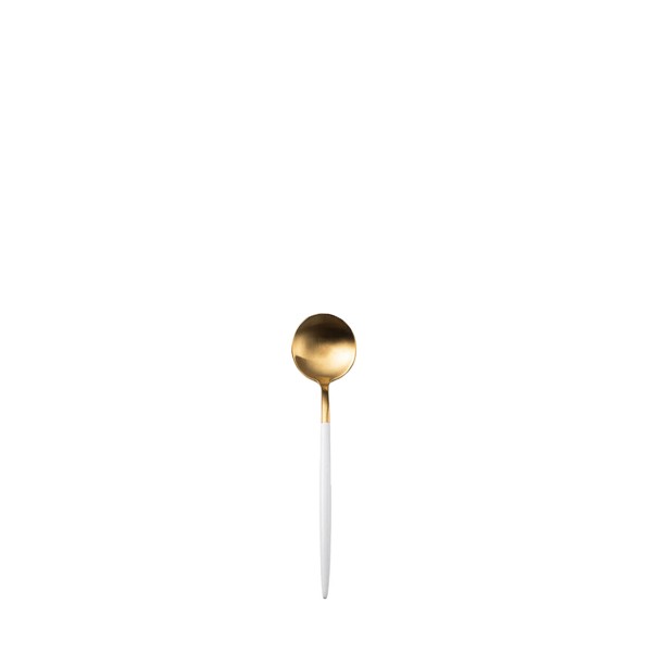 Kaffeeloeffel in gold mit weißem Griff Besteck leihen Hochzeit