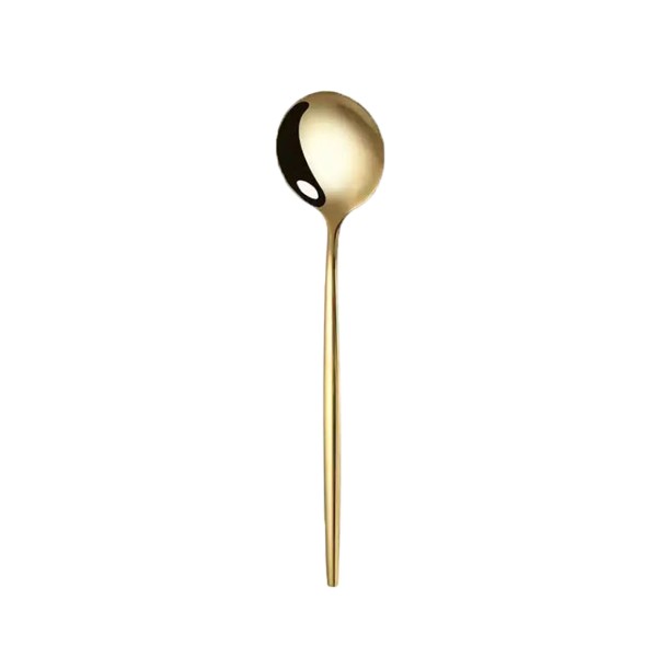 Loeffel Stiletto elegant gold glänzend Verleih Suppenloeffel Besteck mieten