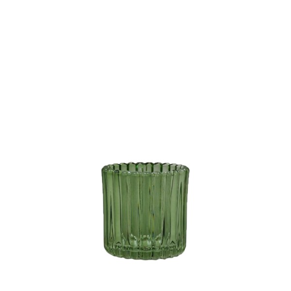 Vase Teelichthalter breite Rille Glas olivgrün mieten für mediterrane Tischdeko Hochzeit, Geburtstag, Feier, Event