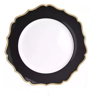 Platzteller_Eleganz_Kunststoff_rund_weiss_schwarz_Goldrand_wellenrand_33cm_mieten_Verleih_Hochzeit_Firmenfeier_Geburtstag_1