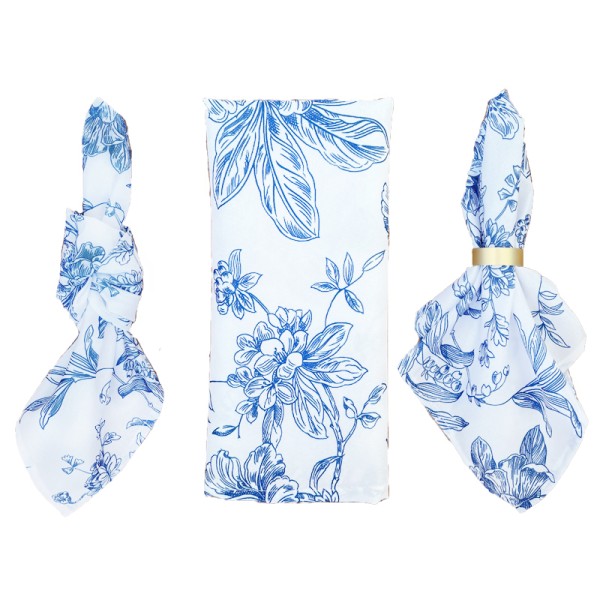Serviette Polyester floral | blumig | mediterran | weiß | blau mieten Verleih für Hochzeit und Event