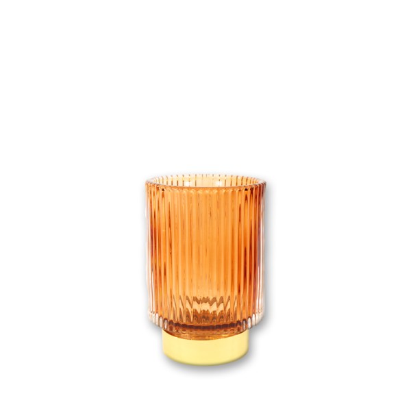 Vase Teelichthalter Rille, Glas amber orange mit Fuß mieten für Hochzeit, Feier, Event