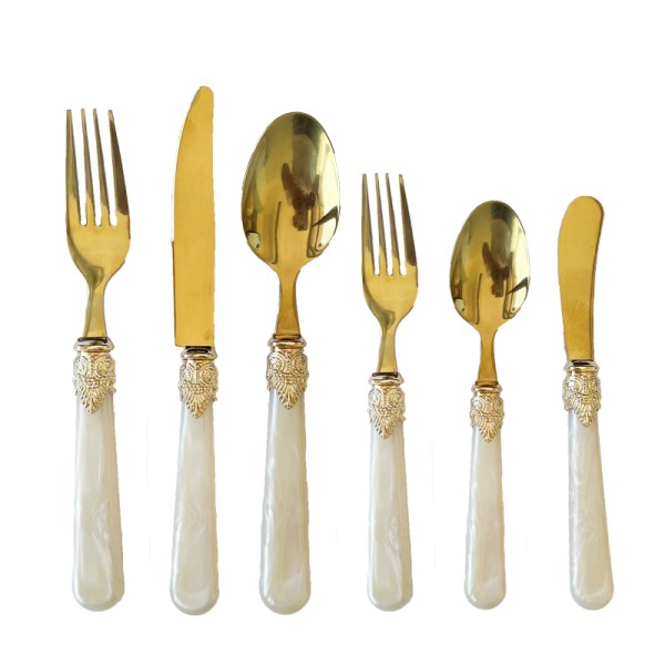 Besteck_modern_Gabel_Messer_Loeffel_Dessertgabel_Dessertloeffel_Kaffeeloeffel_Buttermesser_Perlmutt_Elfenbein_gold_glanz_Set_6-teilig_mieten_Verleih_Hochzeit_Event_Fest_Firmenfeier_Geburtstag_1