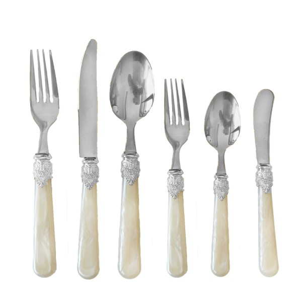 Besteck_modern_Gabel_Messer_Loeffel_Dessertgabel_Dessertloeffel_Kaffeeloeffel_Buttermesser_Perlmutt_Elfenbein_silber_glanz_Set_6-teilig_mieten_Verleih_Hochzeit_Event_Fest_Firmenfeier_Geburtstag_1