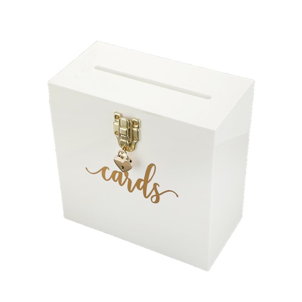Kartenbox für Umschläge aus Acryl weiss mit goldener Aufschrift Cards für Hochzeit mieten
