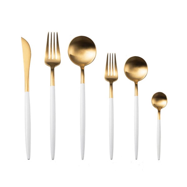 Besteck_Stiletto_modern_Gabel_Messer_Loeffel_Dessertgabel_Dessertloeffel_Kaffeeloeffel_weiss_gold_Set_6-teilig_mieten_Verleih_Hochzeit_Firmenfeier_Geburtstag_1