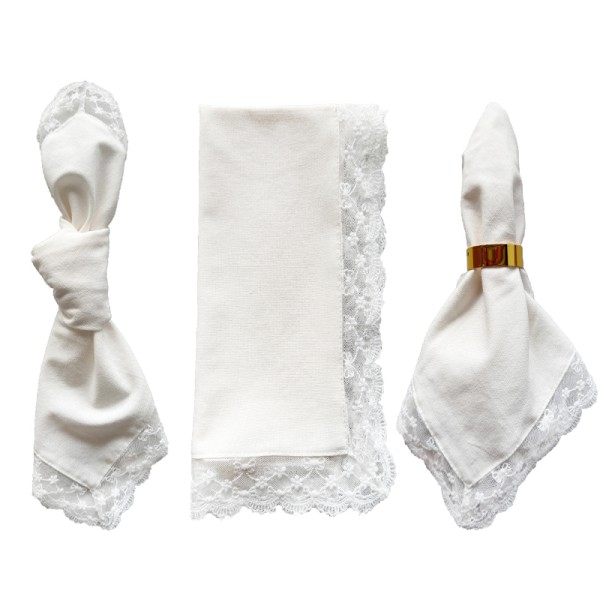 Serviette Leine mit Spitzenrand | ivory creme mieten | Verleih für Hochzeit, Geburtstag und Event