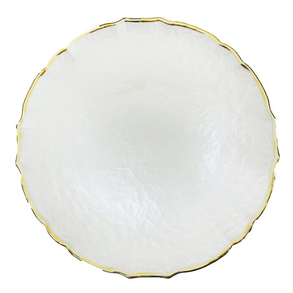 Platzteller_Eleganz_Struktur_Wellenrand_Glas_rund_perlweiss_perlmutt_Goldrand_33cm_mieten_Verleih_Hochzeit_Firmenfeier_Geburtstag_1