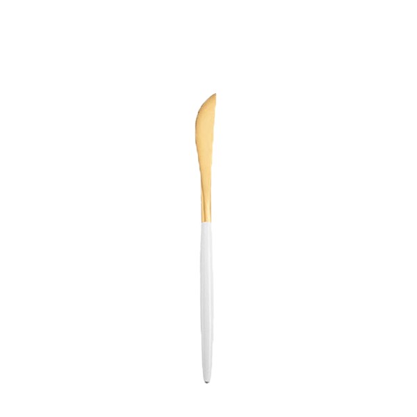 Buttermesser Stiletto in gold mit weissem Griff Besteck Verleih für Hochzeit und Feier