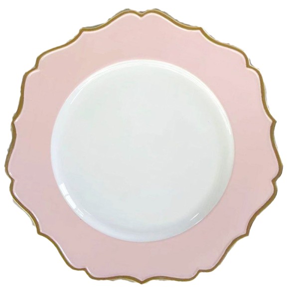 Platzteller_Eleganz_Kunststoff_rund_weiss_rosa_Goldrand_wellenrand_33cm_mieten_Verleih_Babyparty_JGA_Hochzeit_Firmenfeier_Geburtstag_1