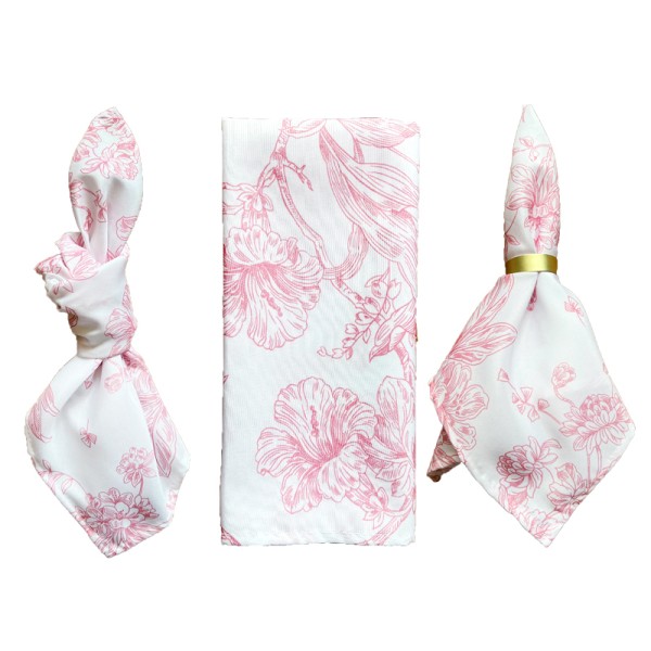 Serviette Polyester floral | blumig | mediterran | weiß | rosa mieten Verleih für Hochzeit und Event