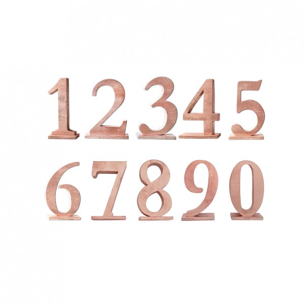 Tischnummern Holz 0-9 kupfer-rosegold mieten für Hochzeit Tischdeko verleih