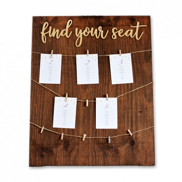 Sitzplan Tischplan Willkommensschild Find your Seat für Staffelei Holz braun gold für Hochzeit und Veranstaltung [mieten]