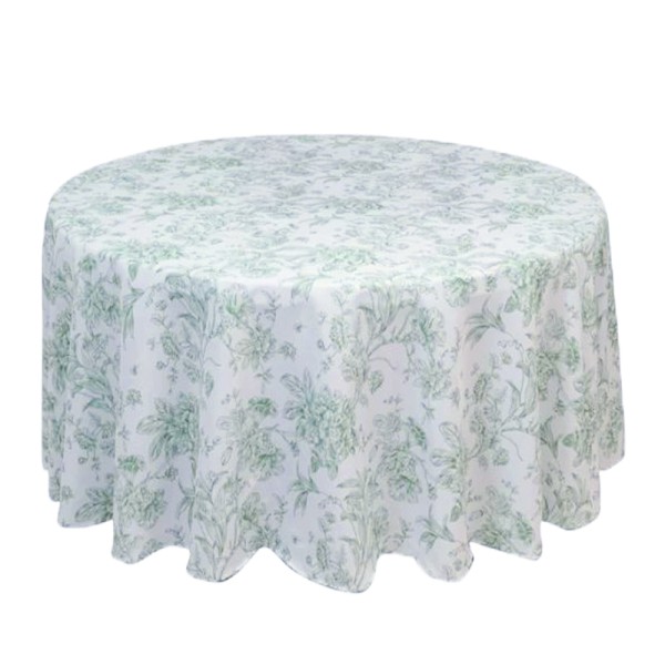 Tischdecke floral blumig grün rund 275 cm mieten | Verleih Hochzeit Feier Event mediteran französisch