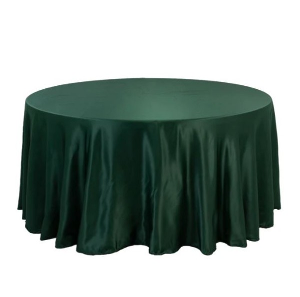 Tischdecke forest green | emerald green rund 330 cm bodenlang Lamour Satin matt zum Raffen mieten | Verleih Hochzeit, Feier, Event