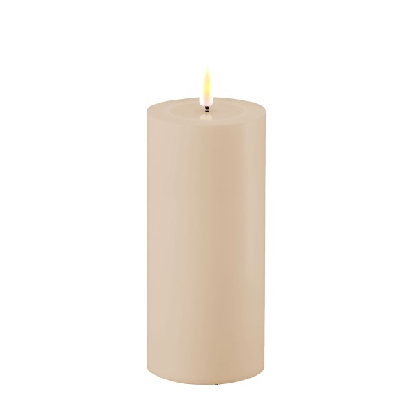 LED Stumpenkerze Kunststoff outdoor Real Flame dusty sand beige 15x7,5cm Batterie mieten Hochzeit, Feier