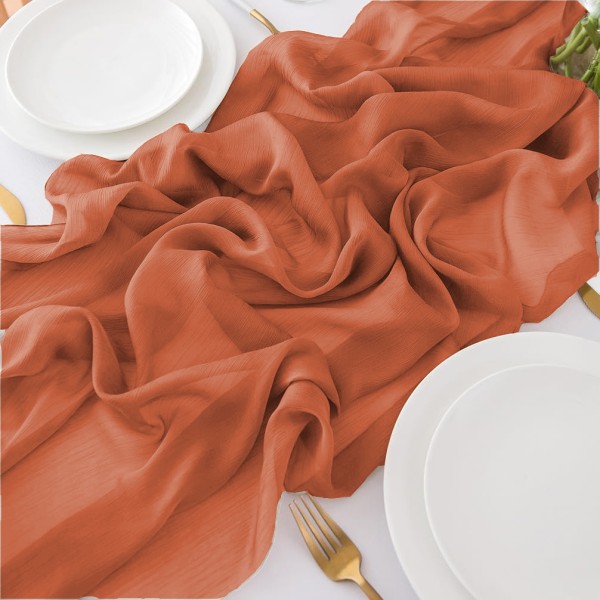 Tischläufer Chiffon terracotta rost mieten | Verleih Hochzeit, Feier, Geburtstag, Event