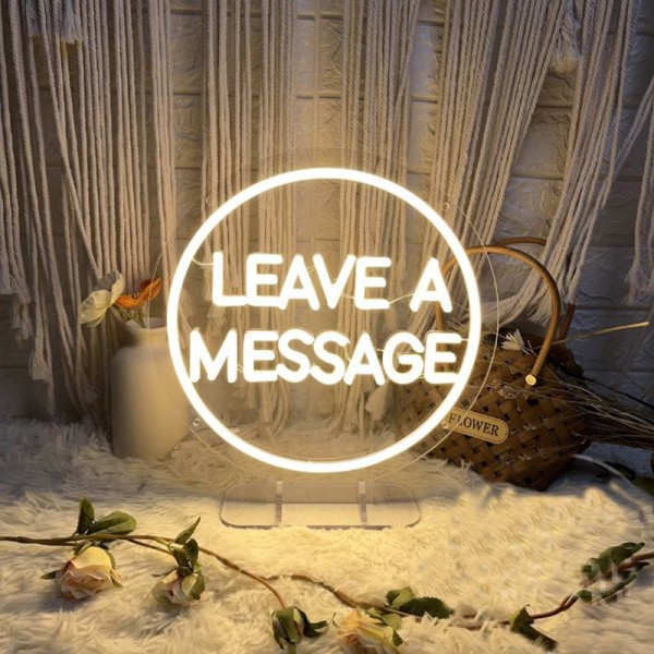 Neon Schild / LED Sign "Leave a message" beleuchtet in warm weiss mieten für Hochzeit, Dekoration und Event. 