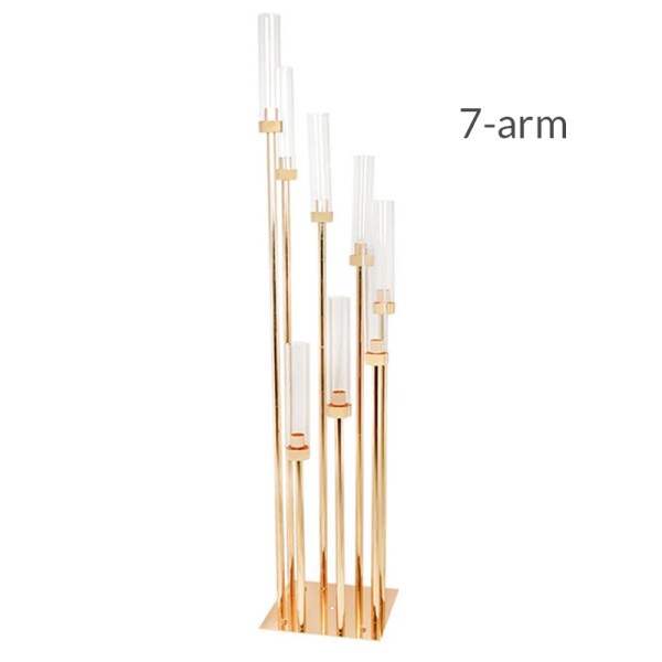 Kerzenständer | Kerzenhalter | Kerzenleuchter Line gold 7-arm mit Glasaufsatz Zylinder mieten Verleih Hochzeit und Event 1
