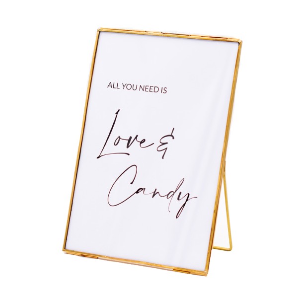 Bilderrahmen gold | Schild "All you need is Love & Candy" [mieten] für Hochzeit und Event