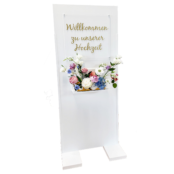 Willkommensschild/ Aufsteller "Willkommen zu unserer Hochzeit" | Holz weiss-gold [mieten]