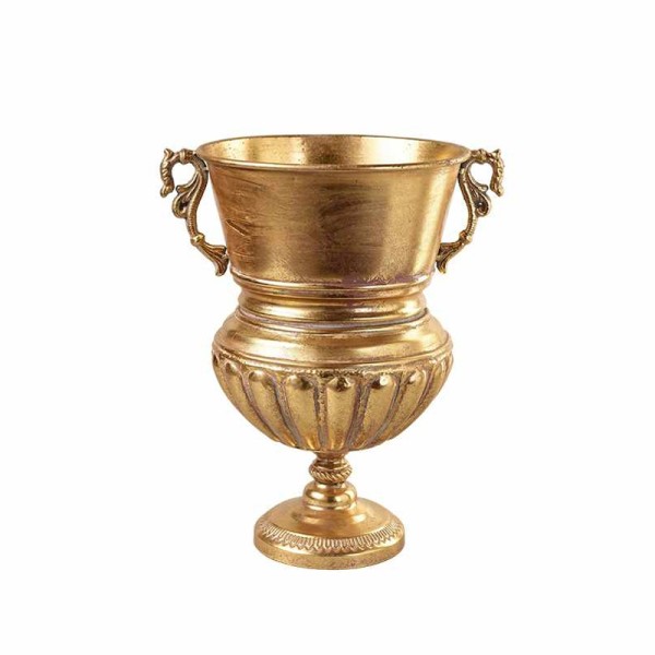 Pokalvase Antik auf Fuß mit Griff, Metall Gold mieten für Hochzeit und Event Dekoration