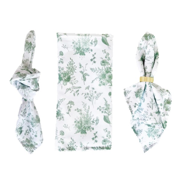 Serviette Polyester floral | blumig | mediterran | weiß | grün mieten Verleih für Hochzeit und Event