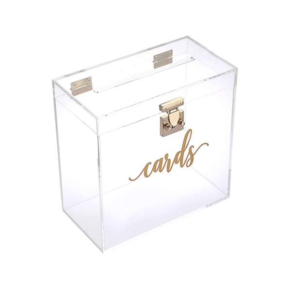 Kartenbox für Umschläge aus Acryl mit goldener Aufschrift Cards für Hochzeit mieten