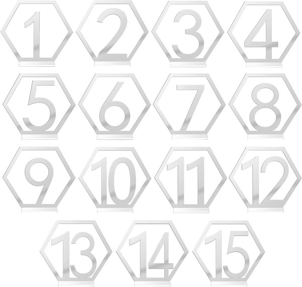 Tischnummer Hexagon, Plexiglas silber (1-15) [mieten]
