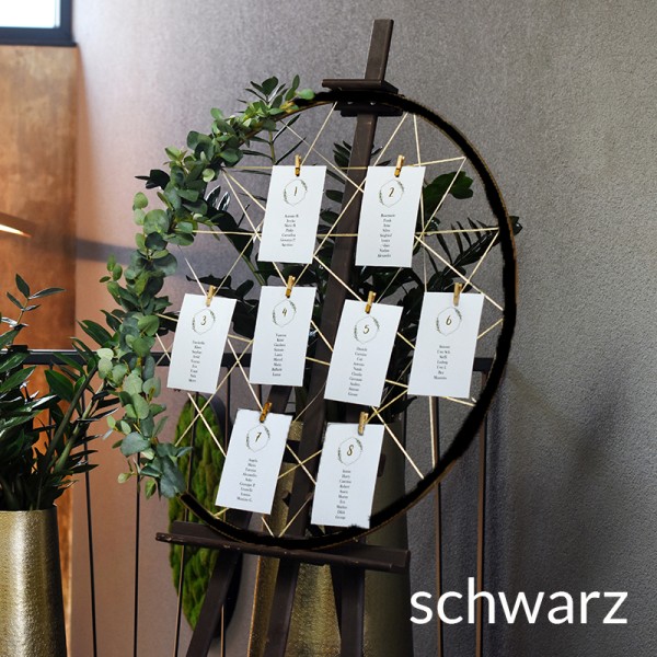 Sitzplan Tischplan Willkommensschild Hoop schwarz für Staffelei mieten Hochzeit & Feier