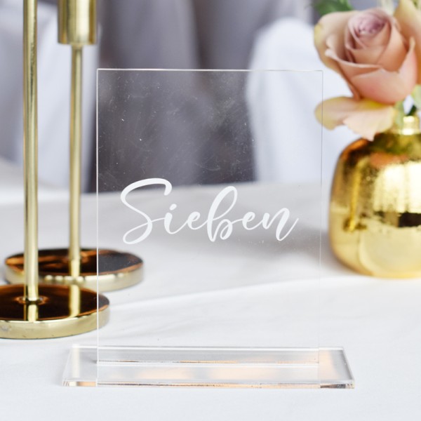 Tischnummer Acryl eckig klar mit weißer Schrift [mieten]