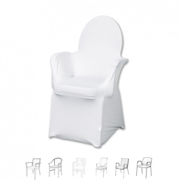 Stuhlhusse weiss universell für Stühle mit Armlehne Stretch | mieten Verleih Hochzeit Veranstaltung Feier