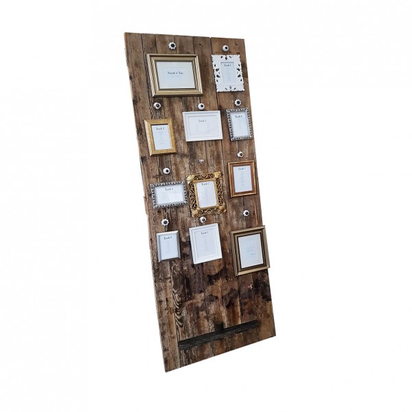 Sitzplan Tischplan Tür Holz braun Vintage Antik mit 14 Bilderrrahmen gold weiss silber