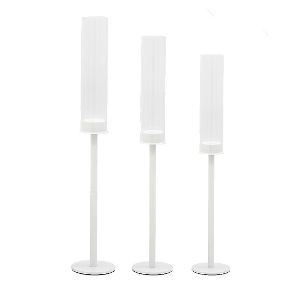 Kerzenständer | Kerzenleuchter | Kerzenhalter Line 1-arm mit Glaszylinder Glasaufsatz weiss | mieten für Hochzeit, Geburtstag, Firmenfeier, Event