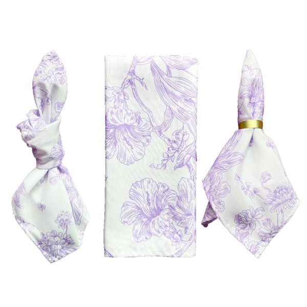 Serviette Polyester floral | blumig | mediterran | weiß | flieder mieten Verleih für Hochzeit und Event