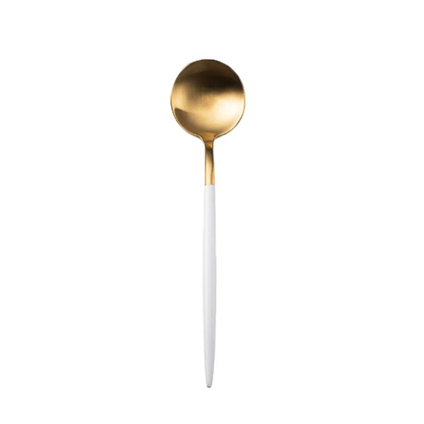 Loeffel in gold mit weißem Griff ausleihen Suppenloeffel in gold-weiss Besteck mieten