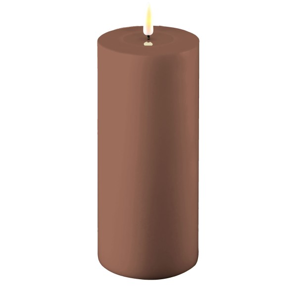 LED Stumpenkerze Kunststoff outdoor Real Flame mocca braun 20x10 cm Batterie mieten Hochzeit, Feier