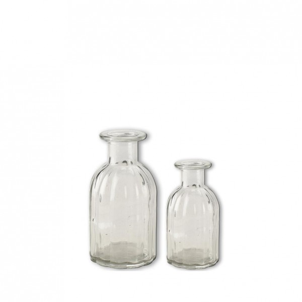 Flaschenvase Rille Glas klar mieten Tischdeko Hochzeit Vintage